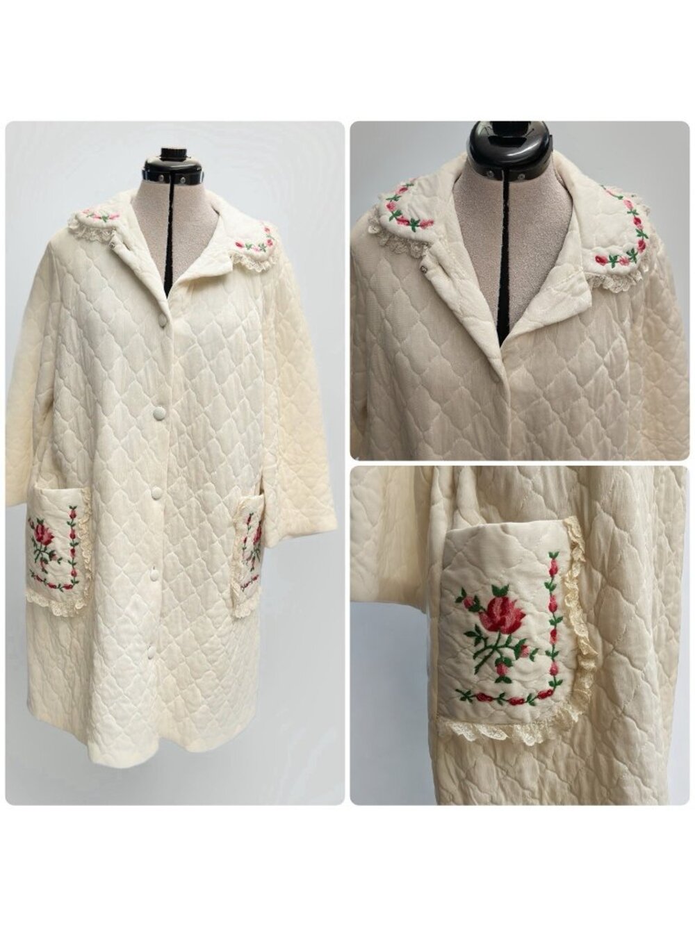 Vintage JC Penney Womens L Ivory Misses Robe Quilted Embroidered Made in USA